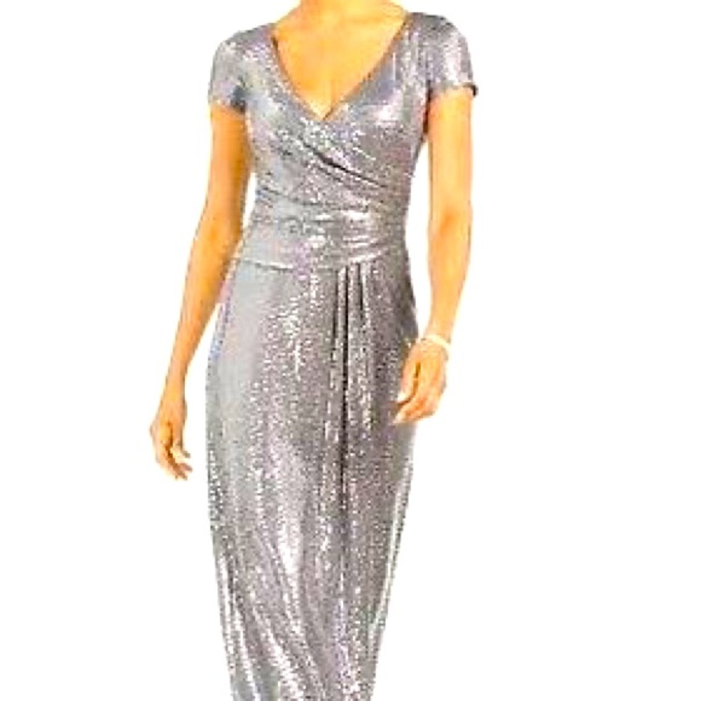 R&M Richards Silver Short Sleeve Sheath Maxi Wrap Dress Size 12 Brand NET